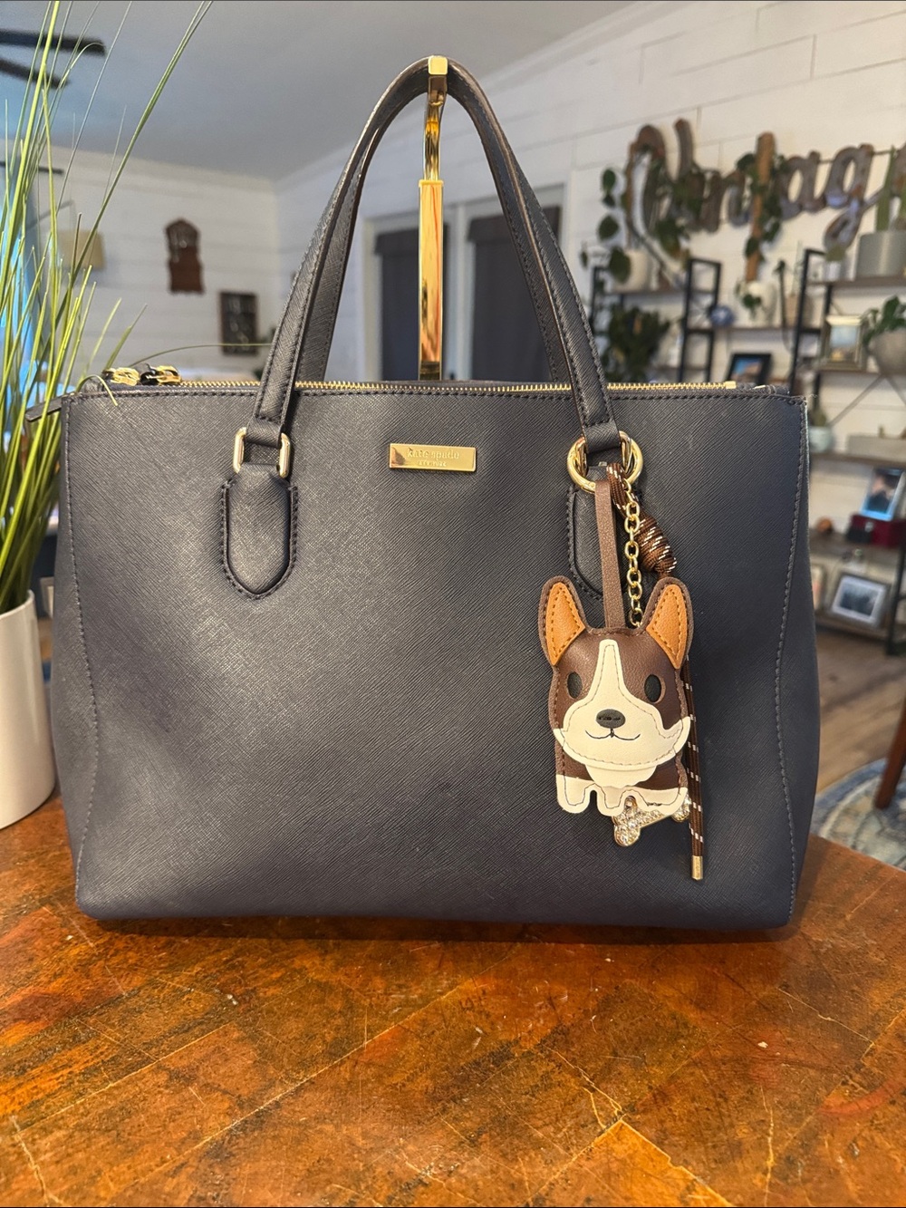 kate spade navy tote with brown and cream dog charm - Picture 1 of 15